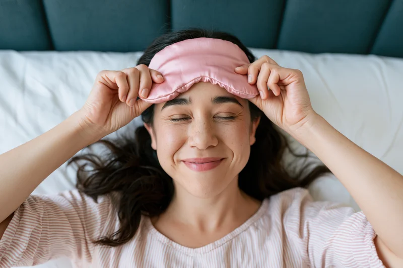 Woman waking up in bed lifting pink satin sleep mask, smiling with eyes closed