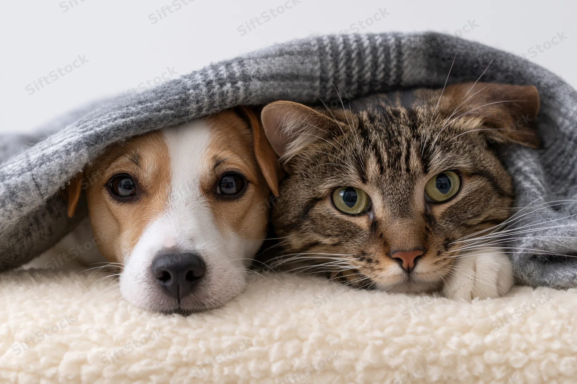 Jack russell terrier and tabby cat resting together under a gray blanket on a soft beige surface