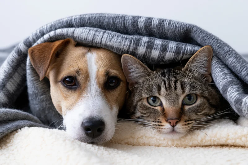 Jack russell terrier and tabby cat resting together under a gray blanket on a soft white surface