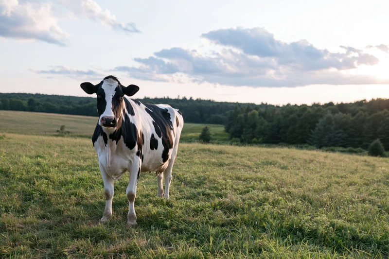 Holstein cow standing in a green pasture at sunset