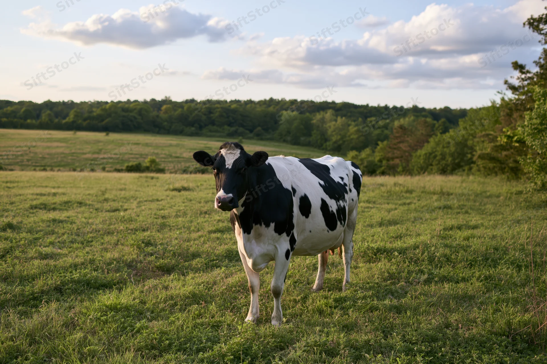 Holstein cow standing in a green pasture with trees in the background