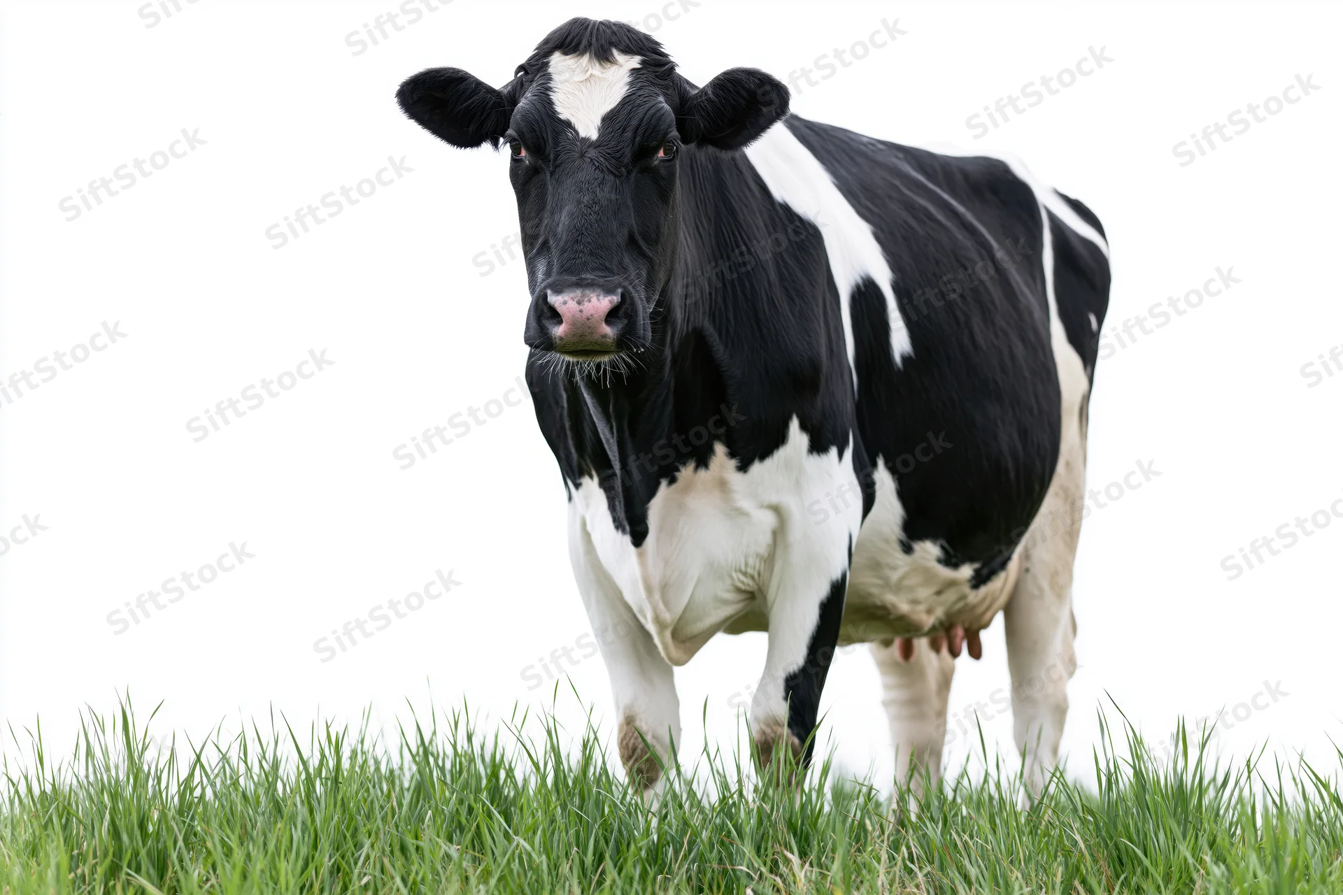 Holstein cow standing on green grass against white background