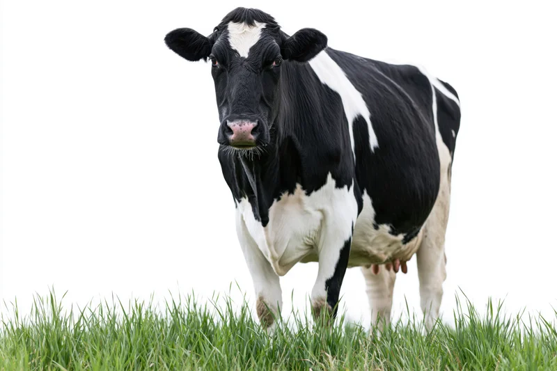 Holstein cow standing on green grass against white background