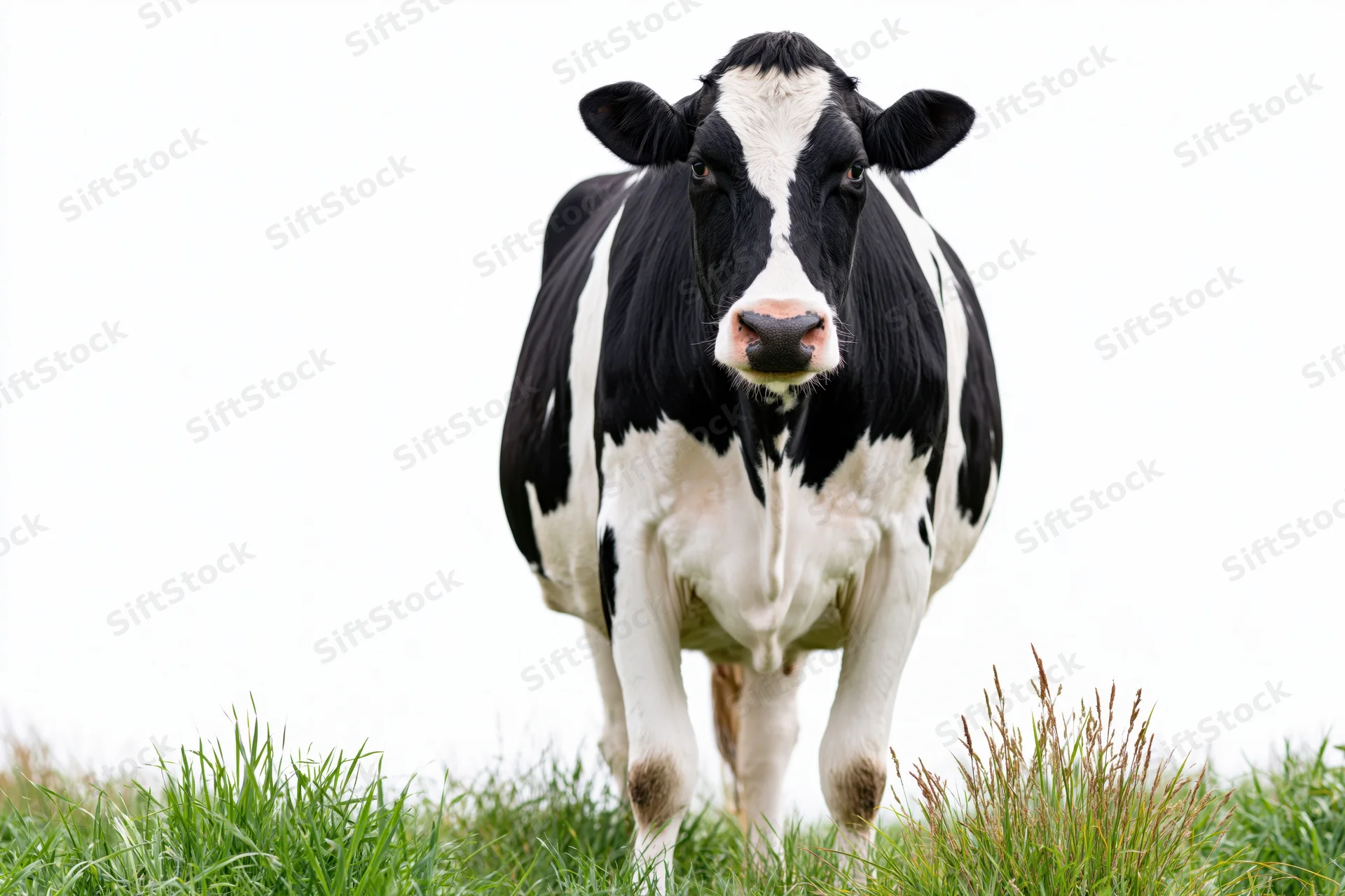 Holstein cow standing in green grass on a white background