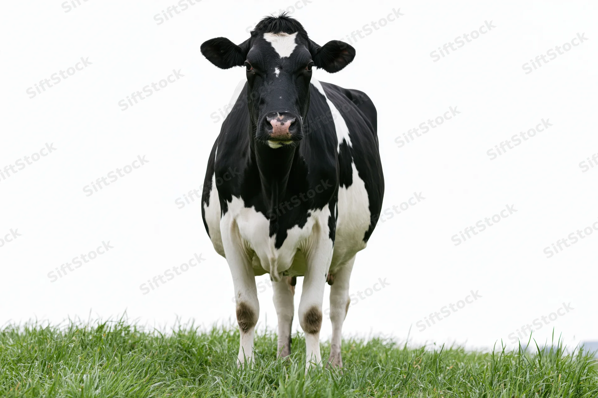 Black and white holstein cow standing in green grass field