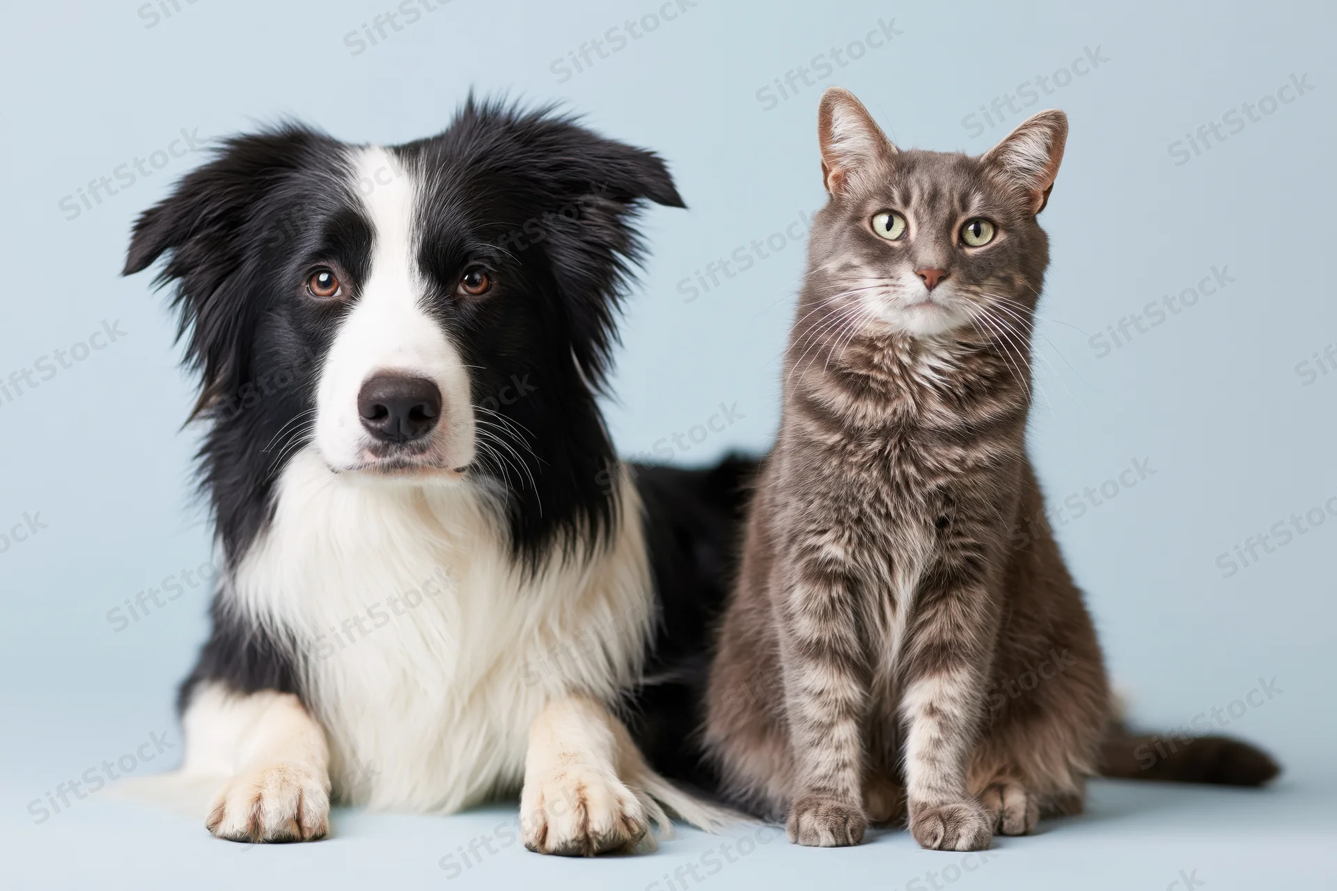 Black and white border collie lying beside a seated gray tabby cat in a studio portrait
