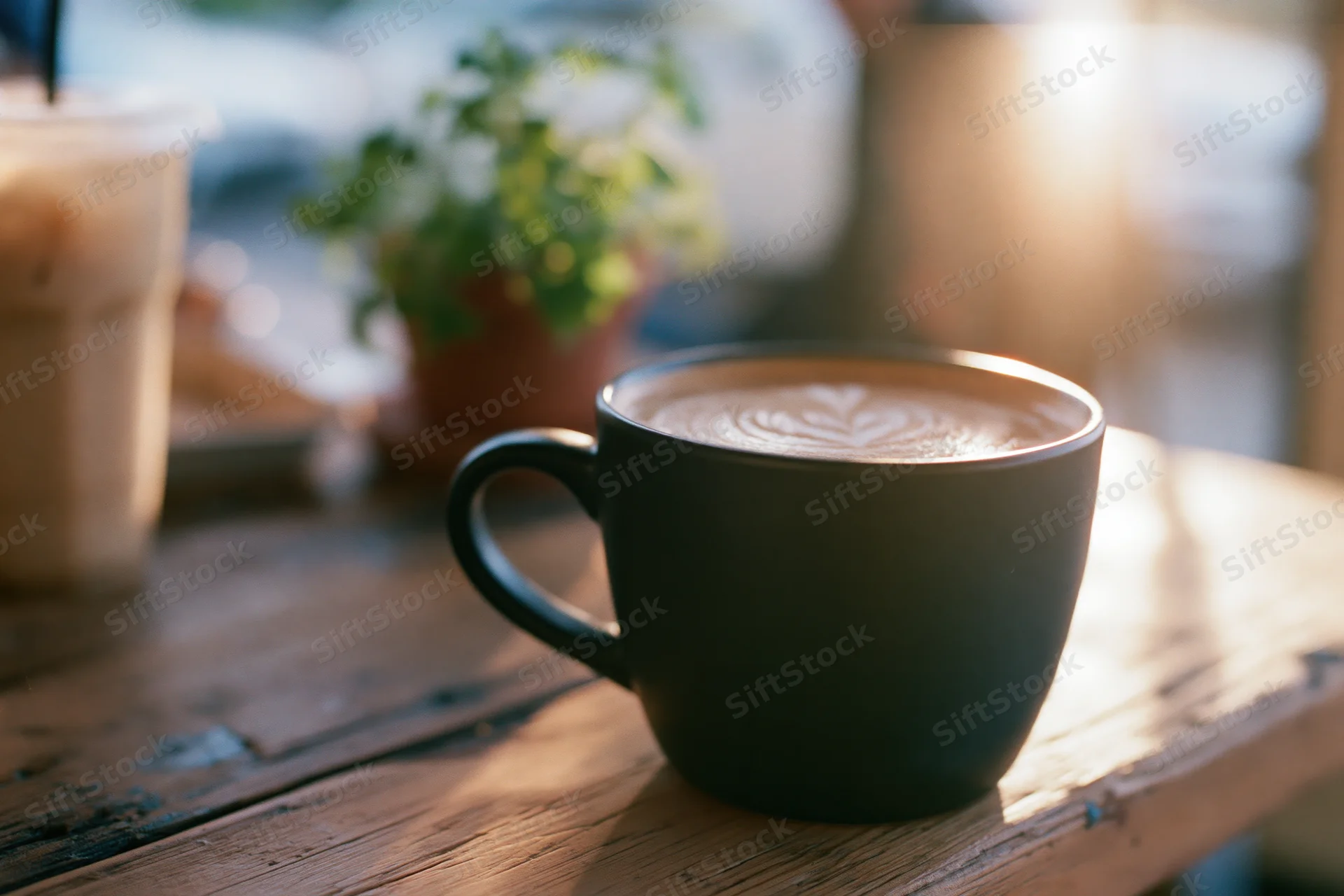 Black ceramic mug with latte art on a worn wooden table in a cafe