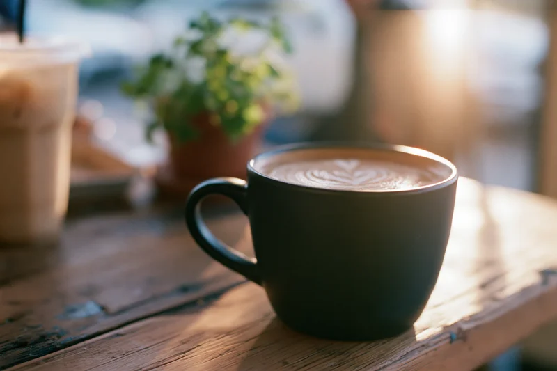 Black ceramic mug with latte art on a worn wooden table in a cafe