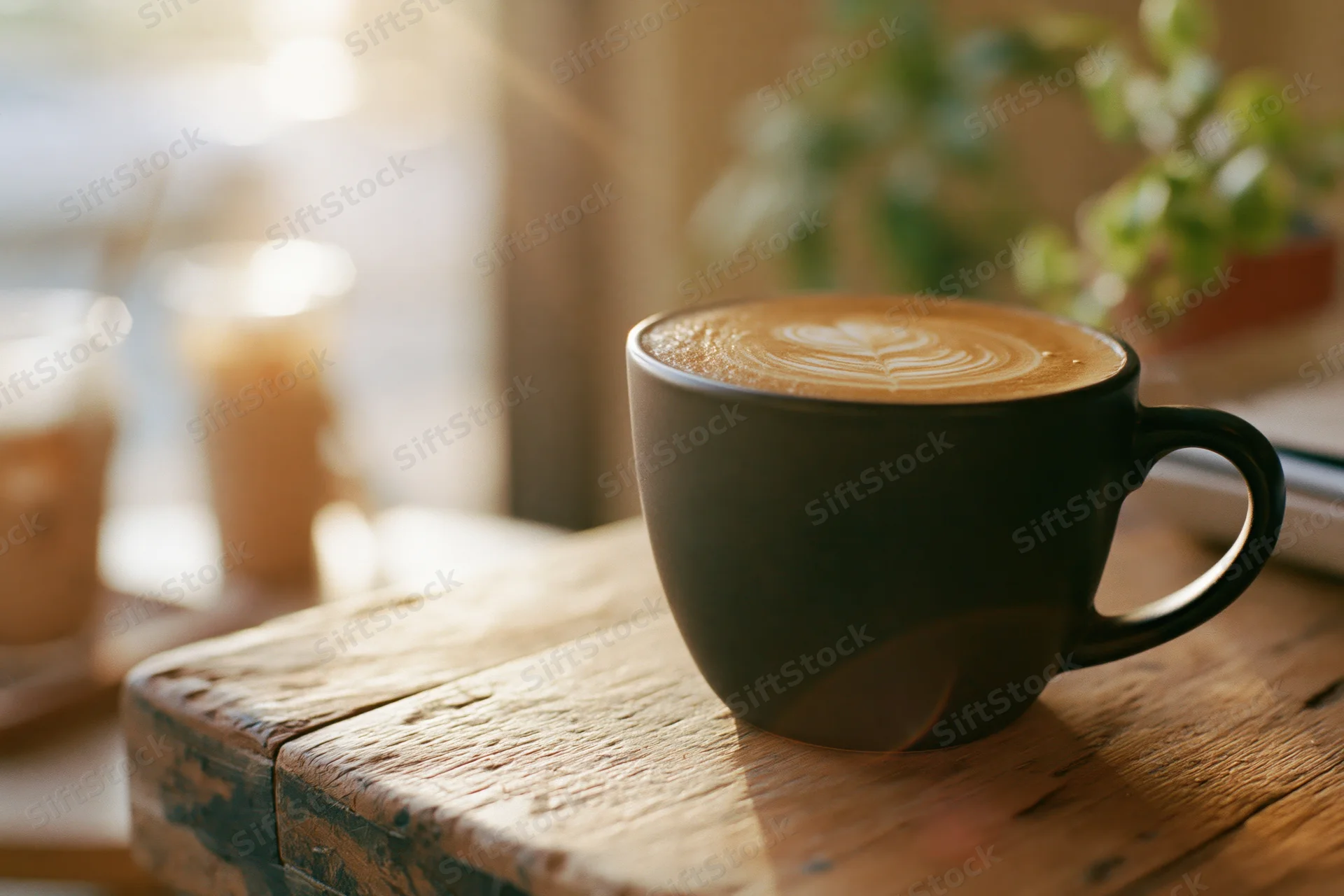 Black ceramic mug with latte art on a worn wooden table in a cafe interior