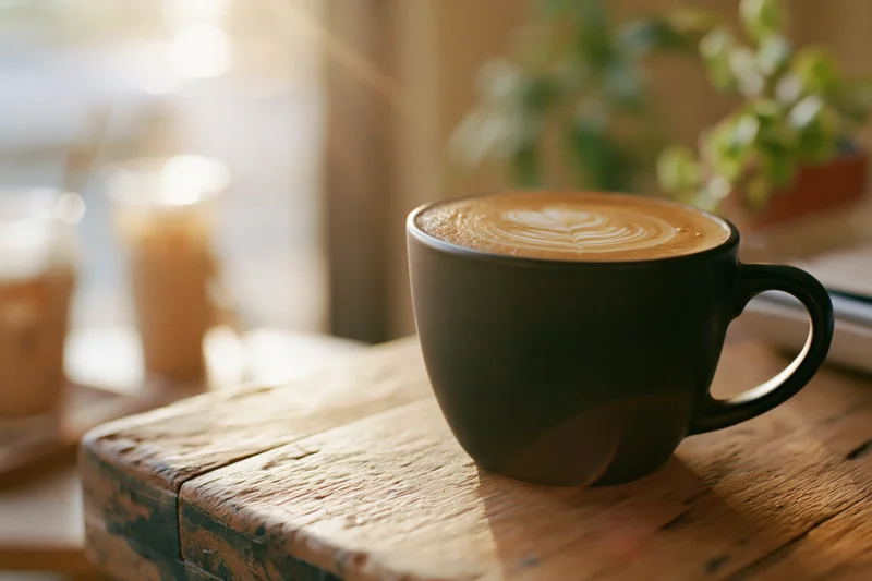 Black ceramic mug with latte art on a worn wooden table in a cafe interior