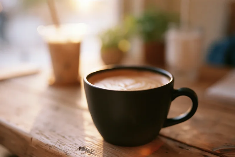Black ceramic mug of latte art on worn wooden cafe table in soft sunlight