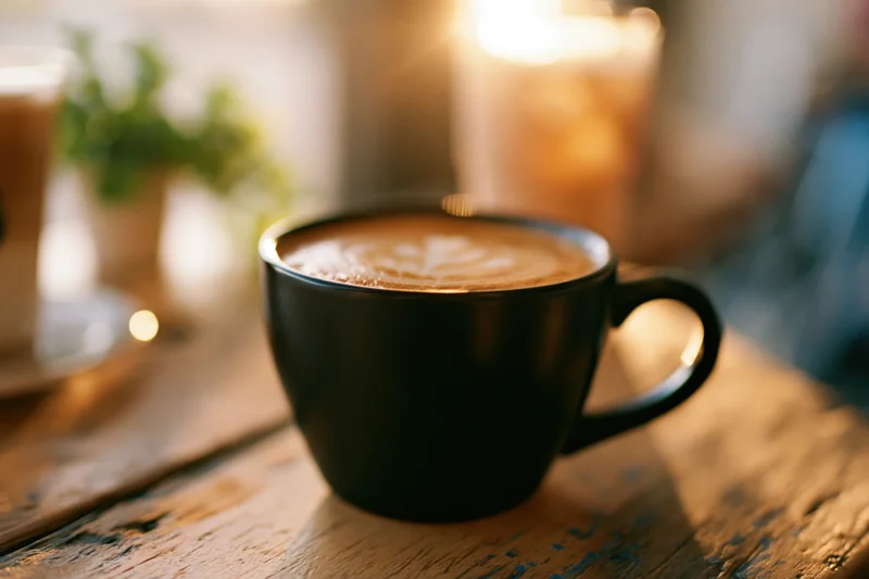 Black ceramic mug with latte art on a worn wooden table in a cozy cafe setting