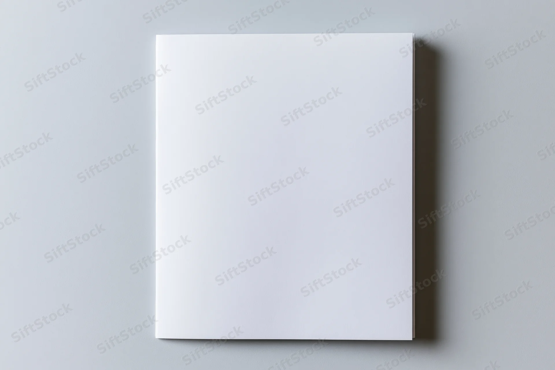 Blank white brochure lying flat on a gray surface