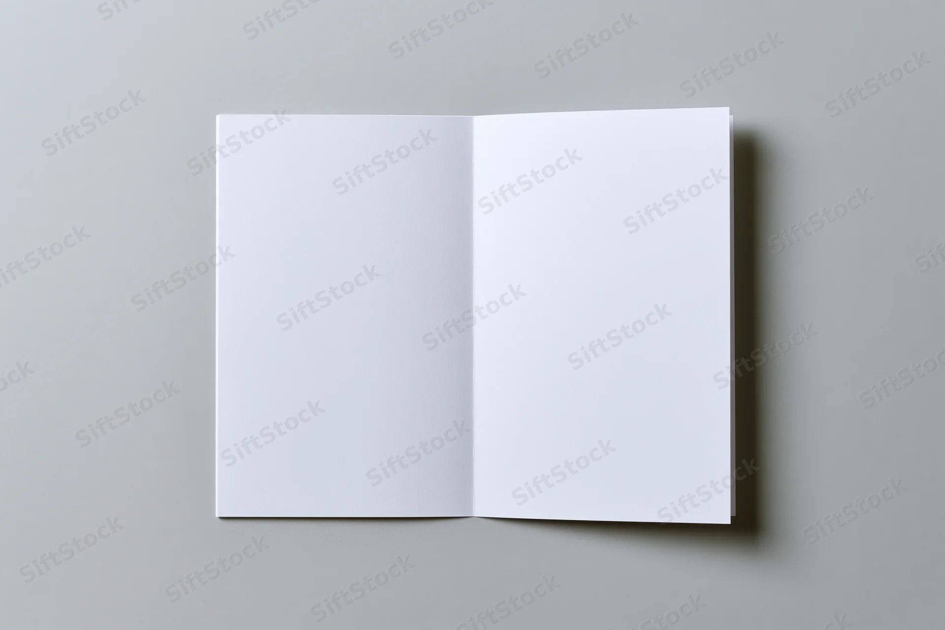 Open blank white brochure lying flat on gray surface with copyspace