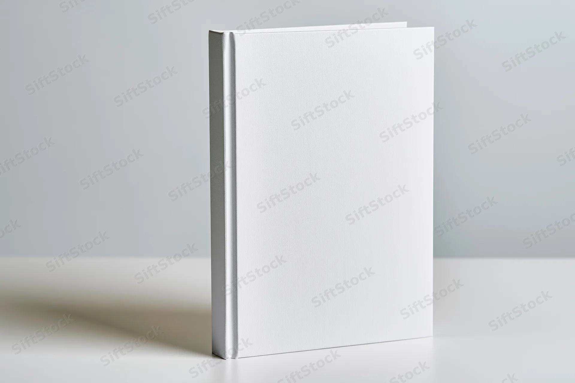 Blank white hardcover book standing upright on a white surface with soft shadow