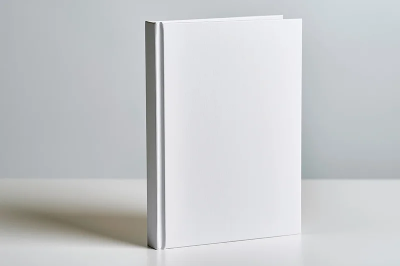 Blank white hardcover book leaning slightly against a white wall