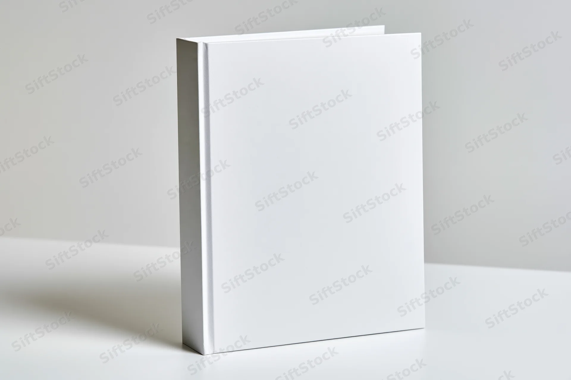 Blank white hardcover book standing upright on a white surface with copyspace for design or branding