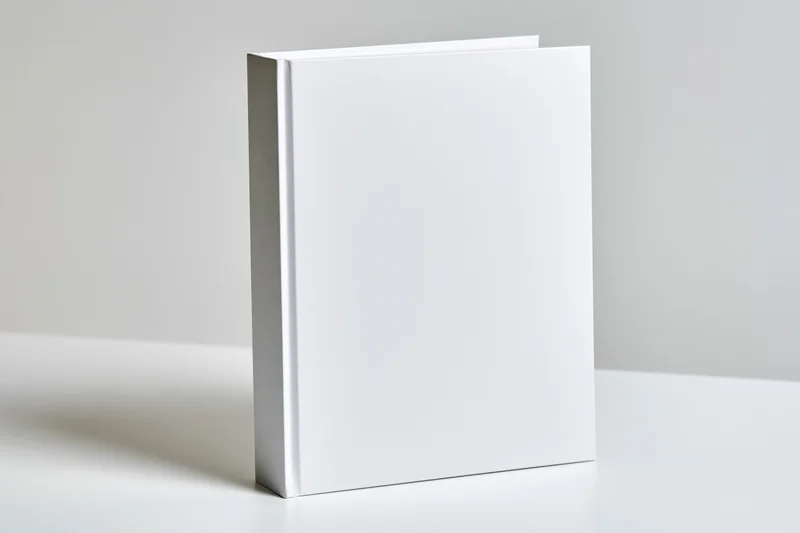 Blank white hardcover book standing upright on a white surface with copyspace for design or branding