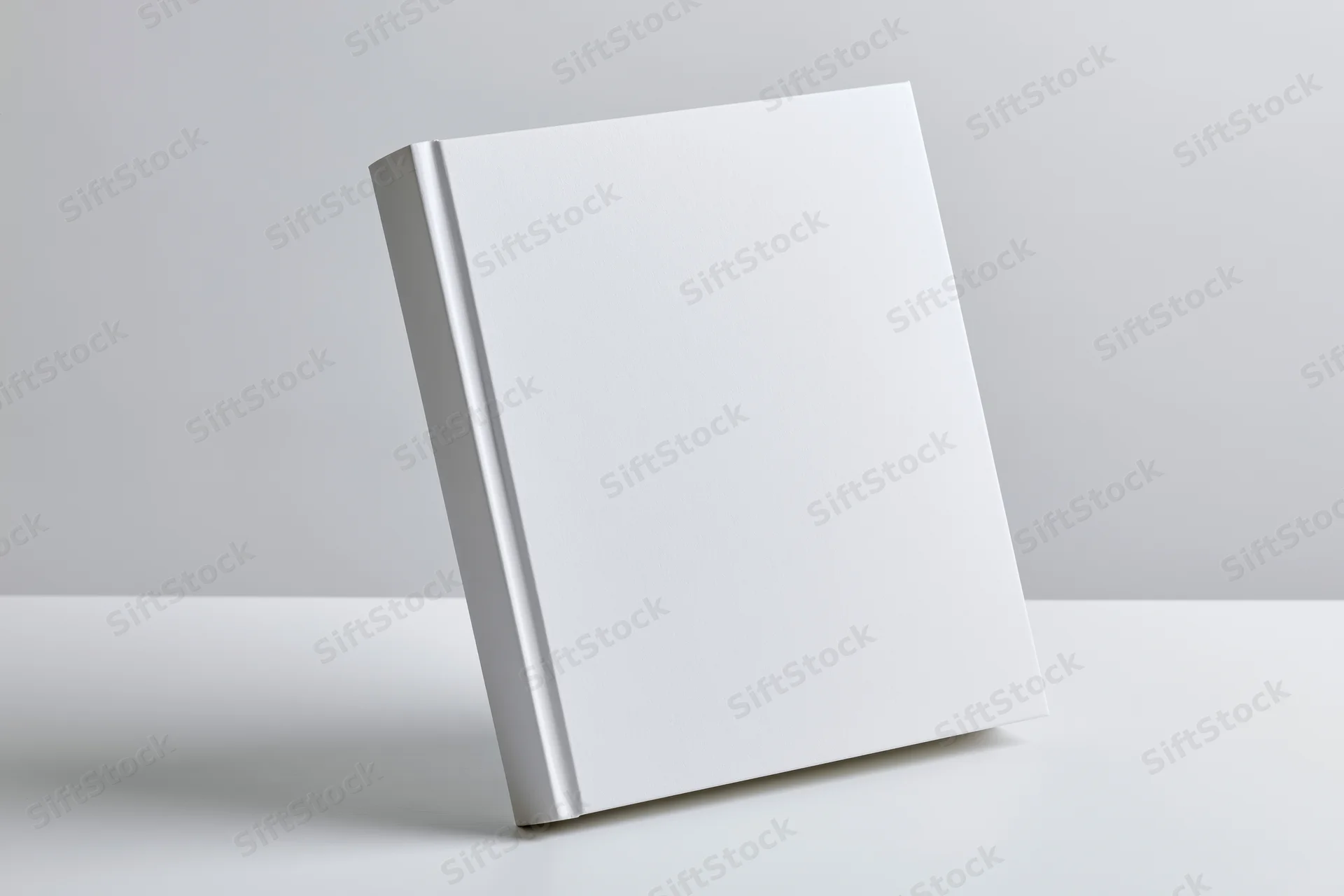Blank white hardcover book leaning against a white surface with copyspace