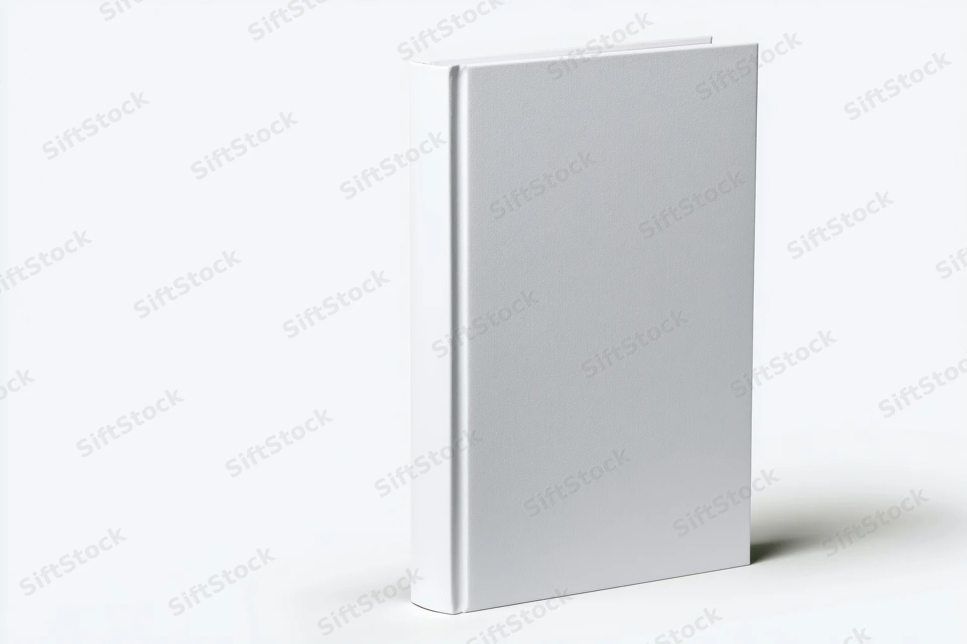 Blank white hardcover book standing upright on white surface