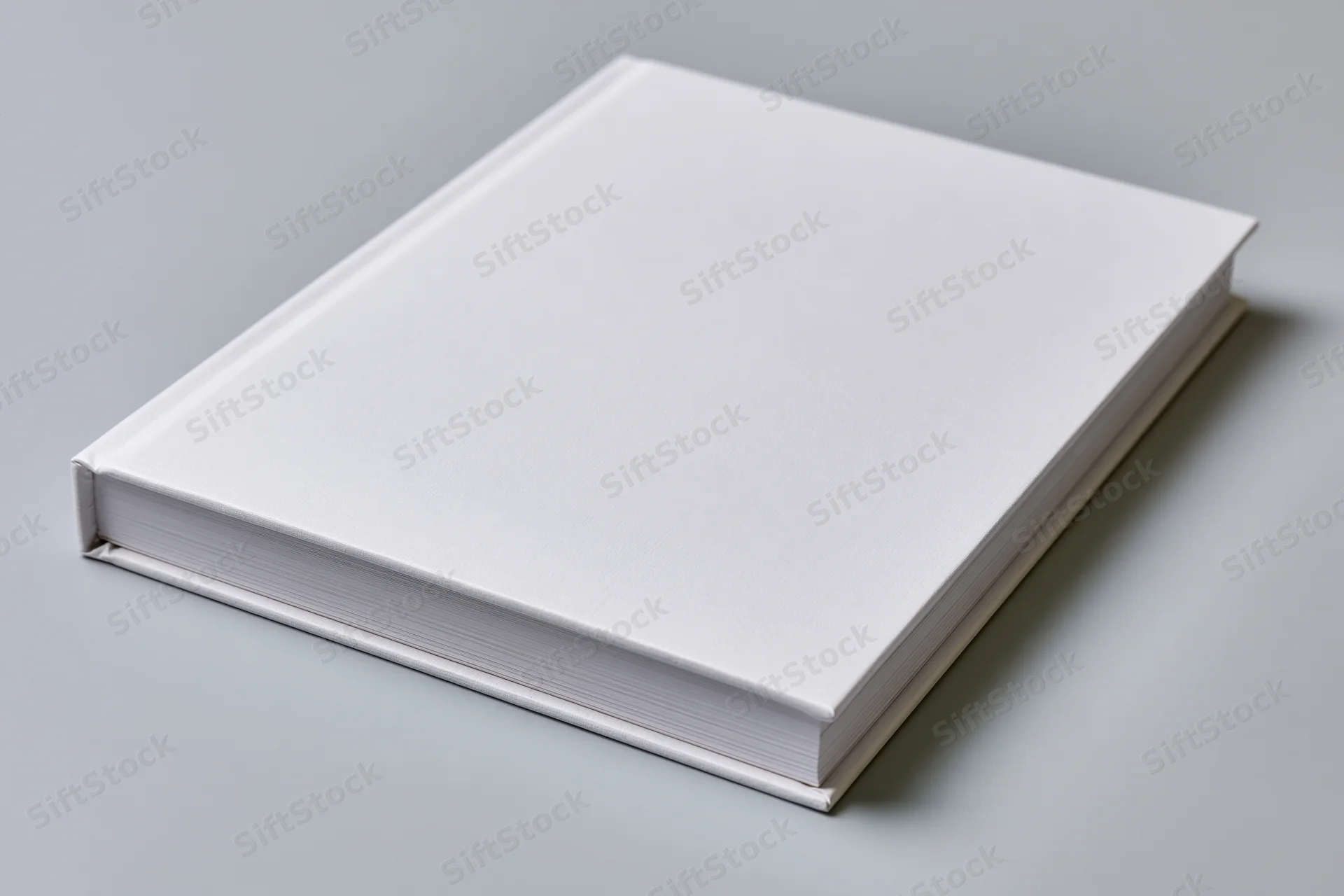 Blank white hardcover book lying flat on gray surface in landscape orientation