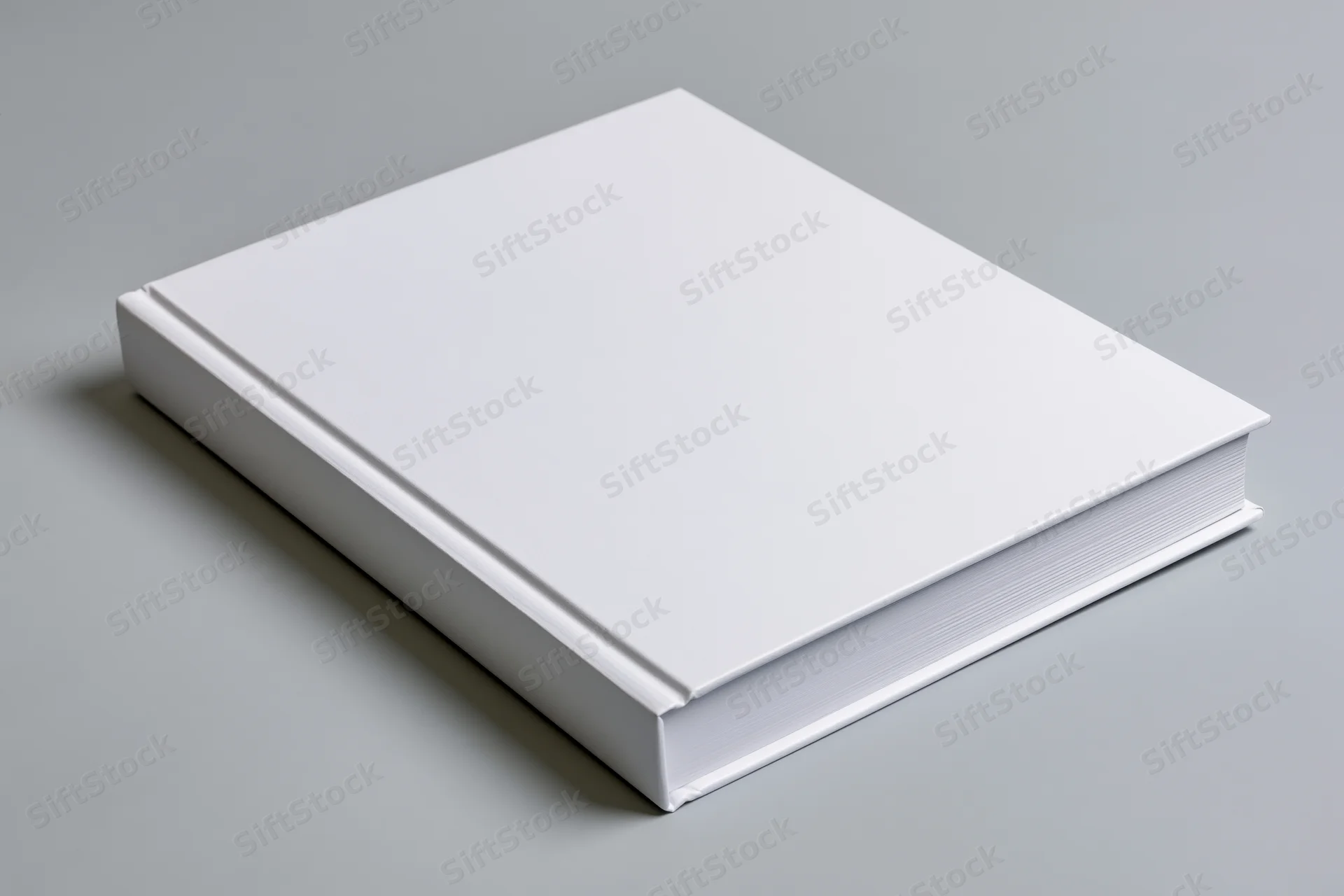 Blank white hardcover book lying flat on gray surface