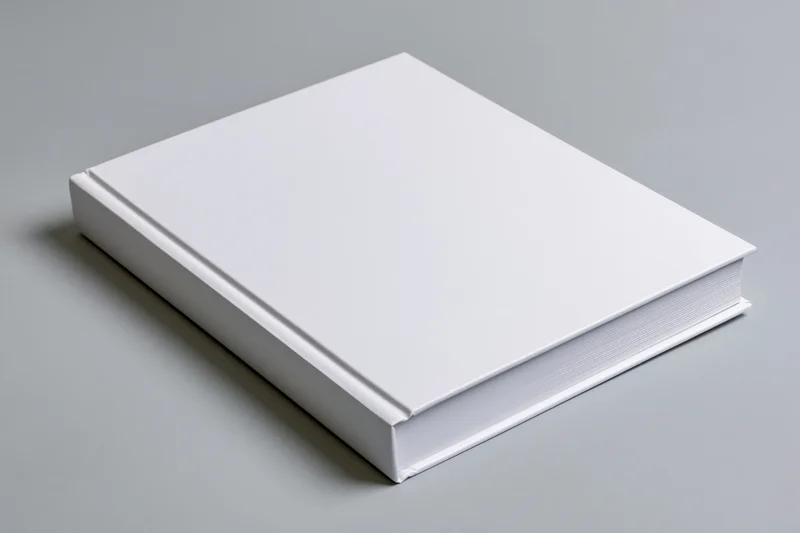 Blank white hardcover book lying flat on gray surface
