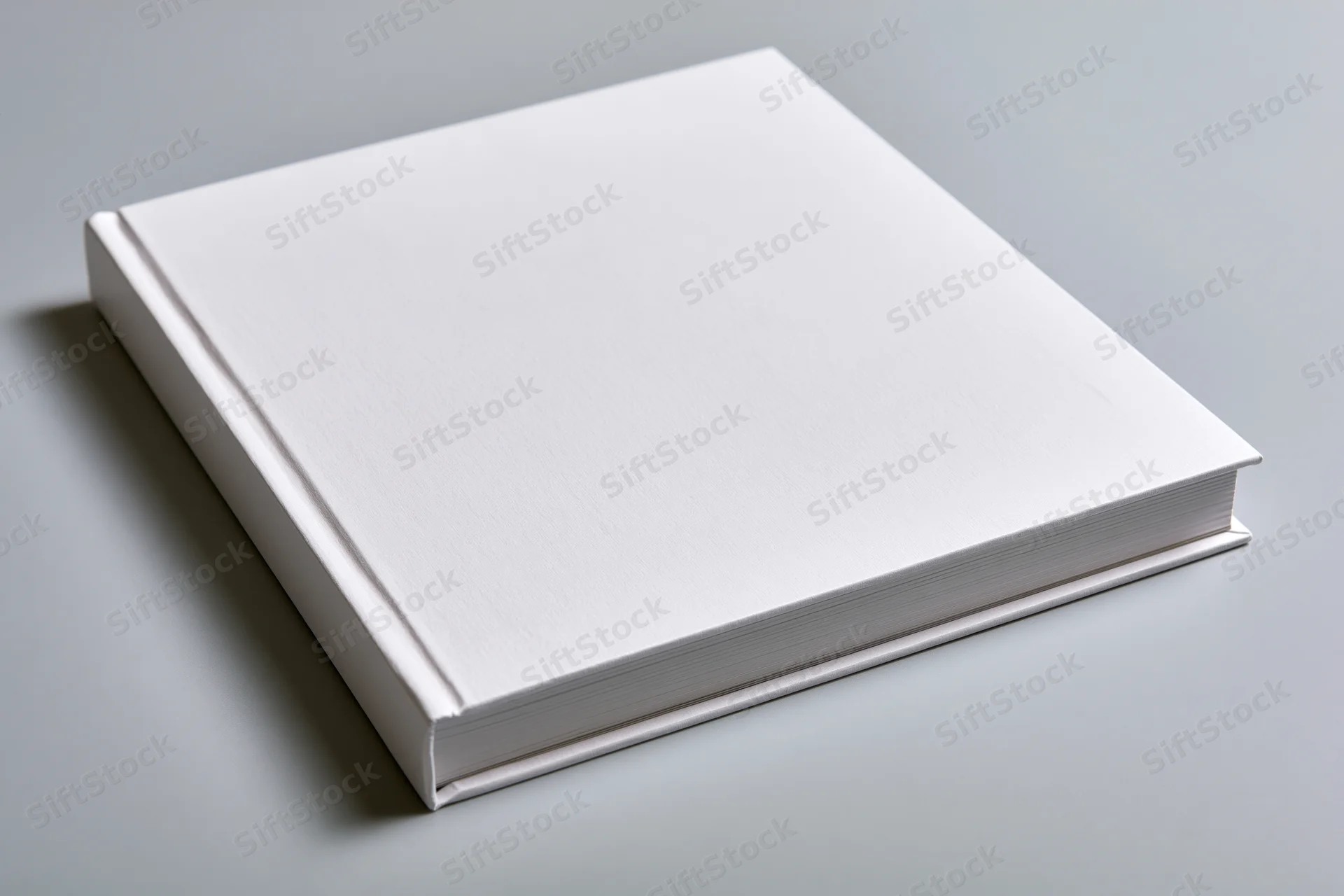 Blank white hardcover book lying flat on gray surface