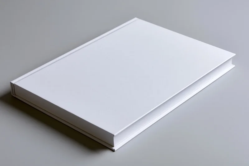 Blank white hardcover book lying flat on gray surface