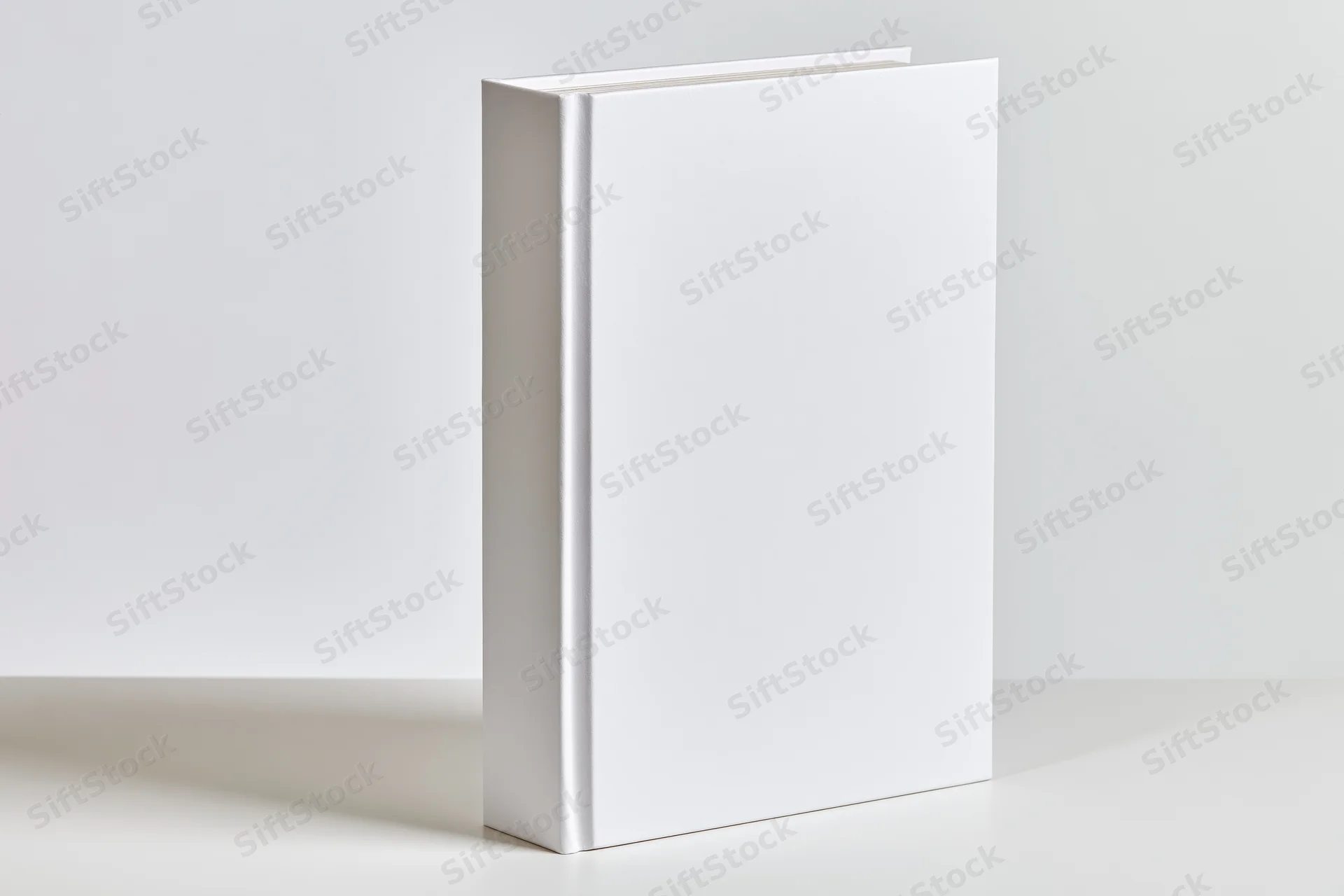 Blank white hardcover book standing upright on a white surface