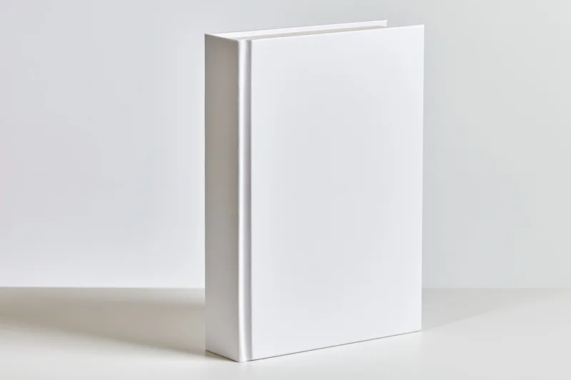 Blank white hardcover book standing upright on a white surface
