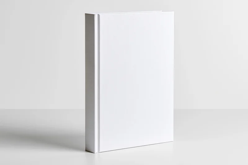 Blank white hardcover book standing upright on a clean white surface
