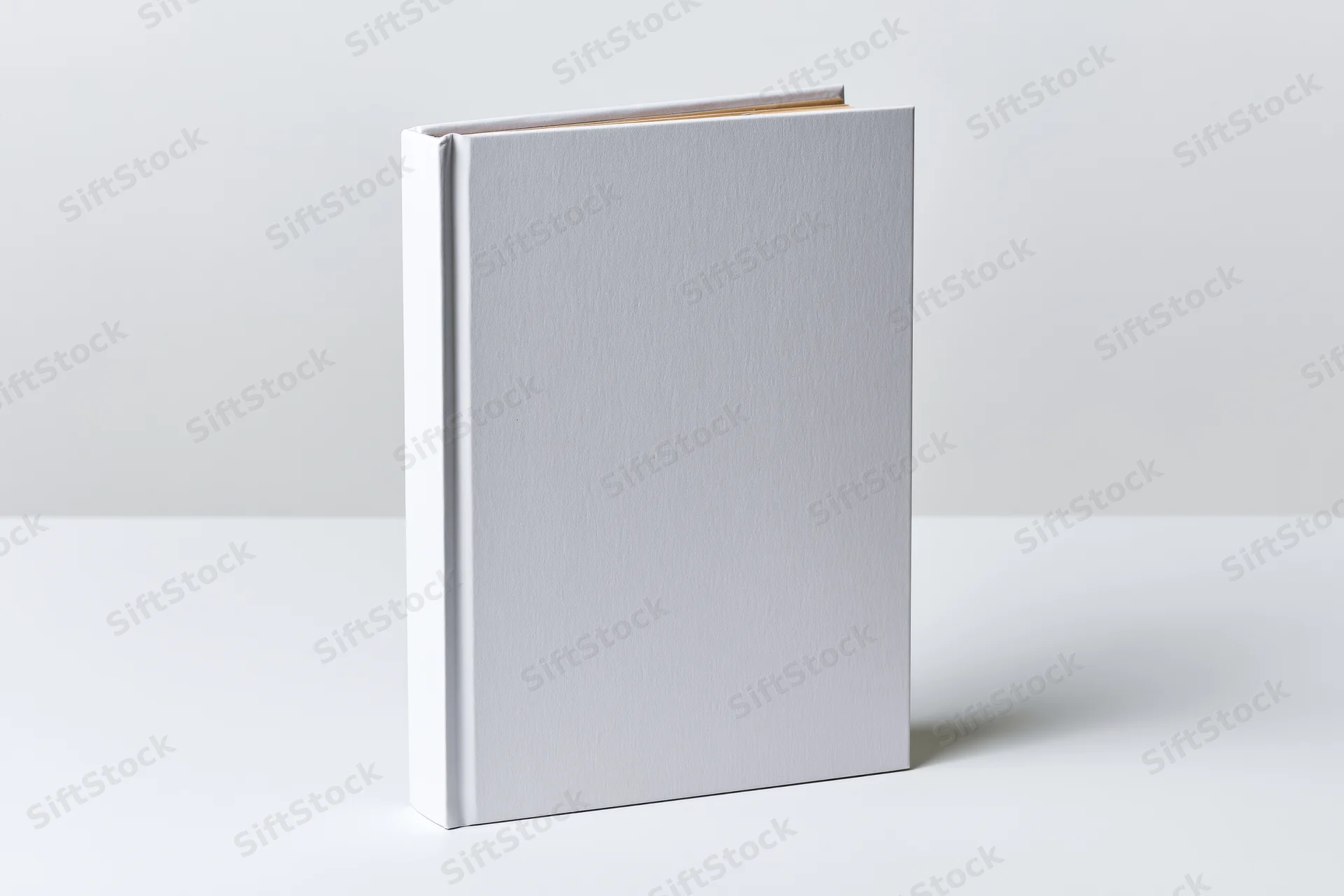 Blank white hardcover book standing upright on a white surface