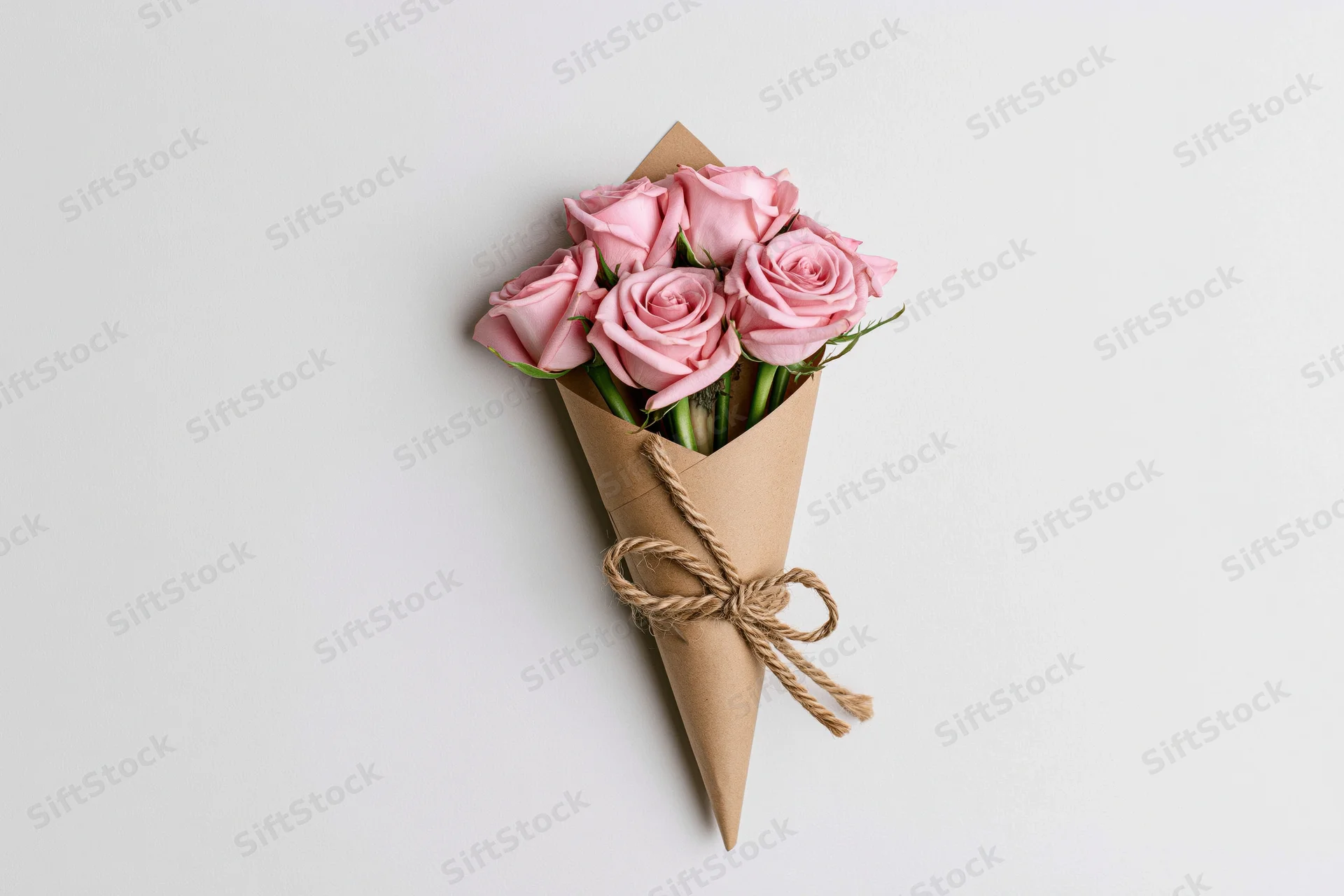 Pink roses wrapped in brown kraft paper cone with twine bow on white surface