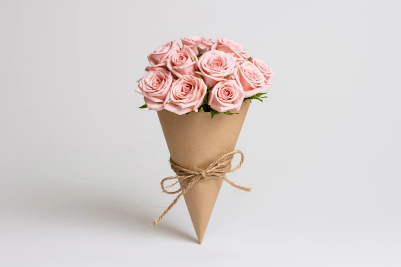 Bouquet of soft pink roses wrapped in a brown kraft paper cone with twine bow on white background