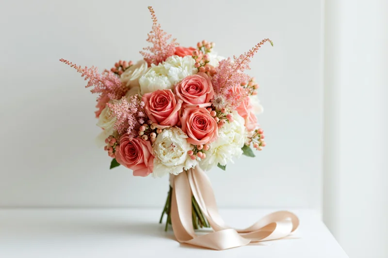 Bridal bouquet of coral roses, white peonies, and pink astilbe with silk ribbon on white surface