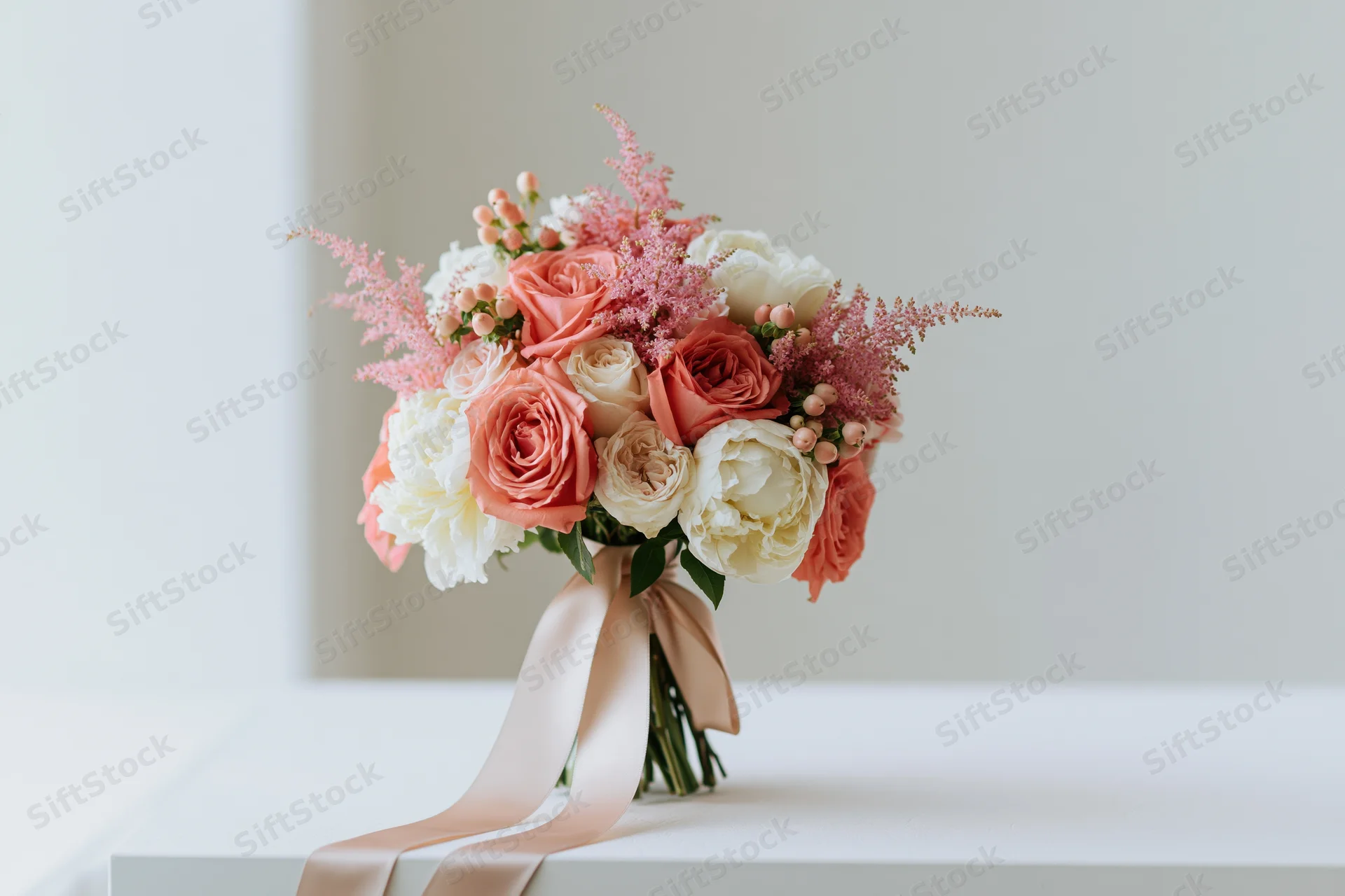 Bridal bouquet of coral roses, white peonies and pink astilbe tied with satin ribbon on white surface
