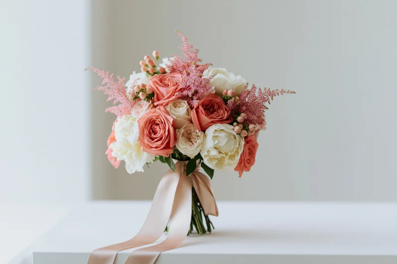 Bridal bouquet of coral roses, white peonies and pink astilbe tied with satin ribbon on white surface