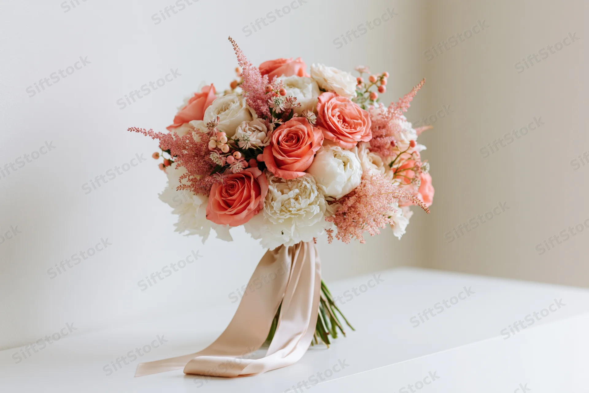 Bridal bouquet of coral roses, white peonies and pink astilbe arranged with silk ribbon on white surface