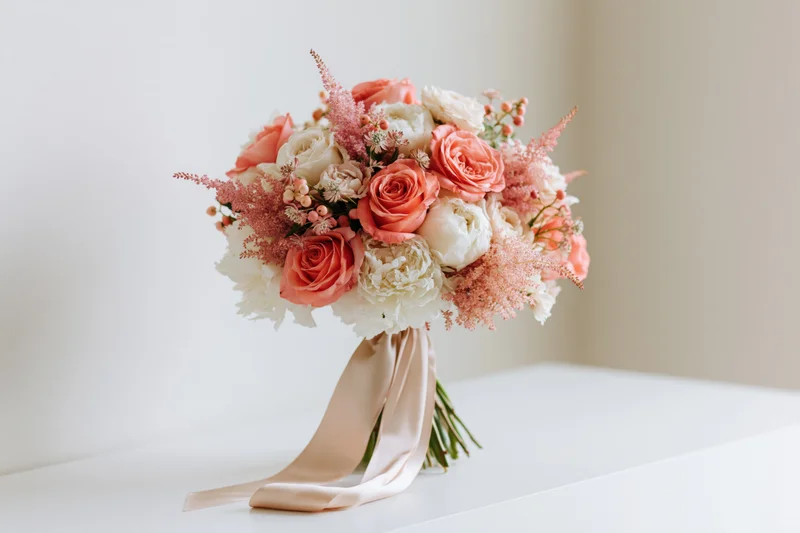 Bridal bouquet of coral roses, white peonies and pink astilbe arranged with silk ribbon on white surface