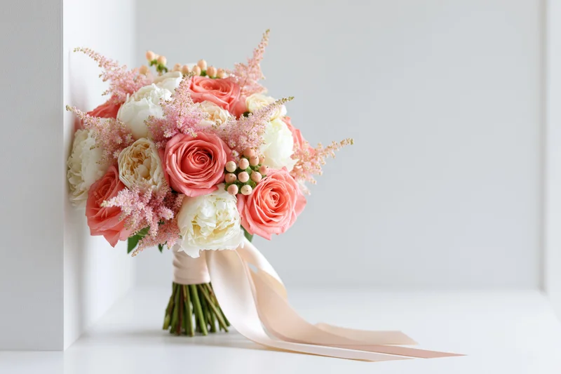 Bridal bouquet of coral roses, white peonies and pink astilbe tied with ribbon resting in a white corner