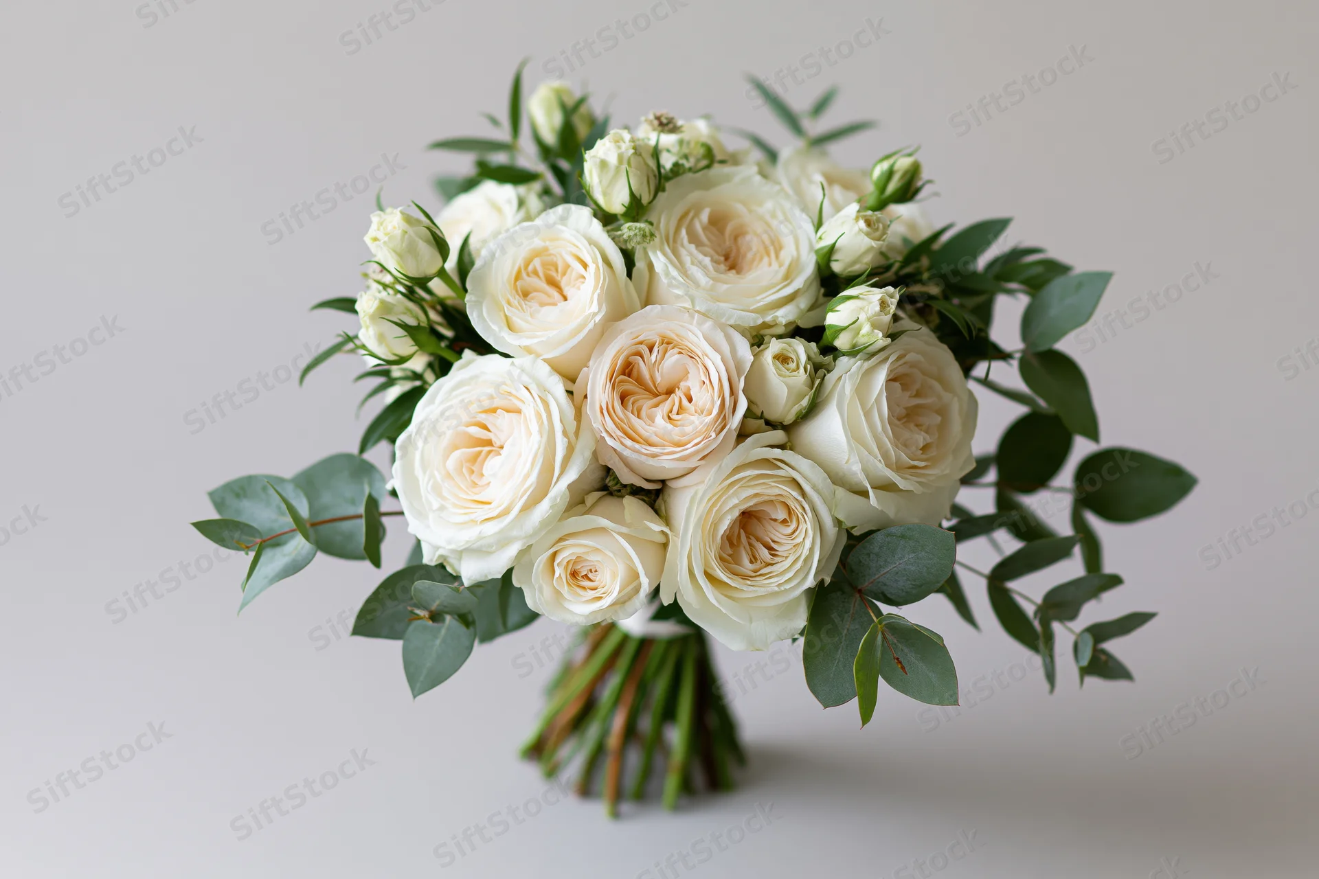 Bridal bouquet of cream and white garden roses with eucalyptus leaves on a light background