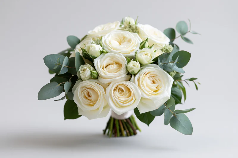 Bridal bouquet of cream and white garden roses with eucalyptus leaves on white background
