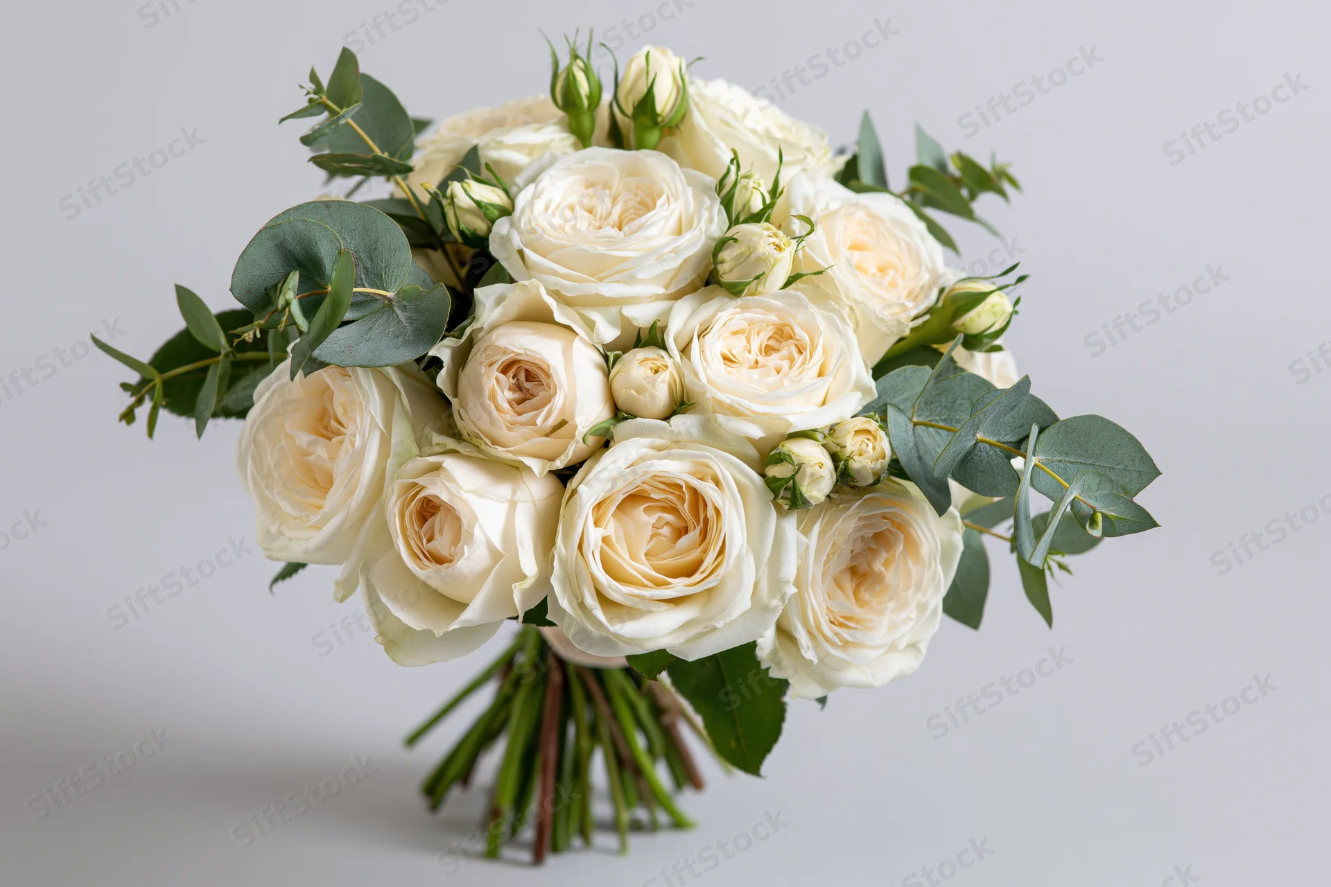 Bridal bouquet of cream and white garden roses with eucalyptus foliage on a light background