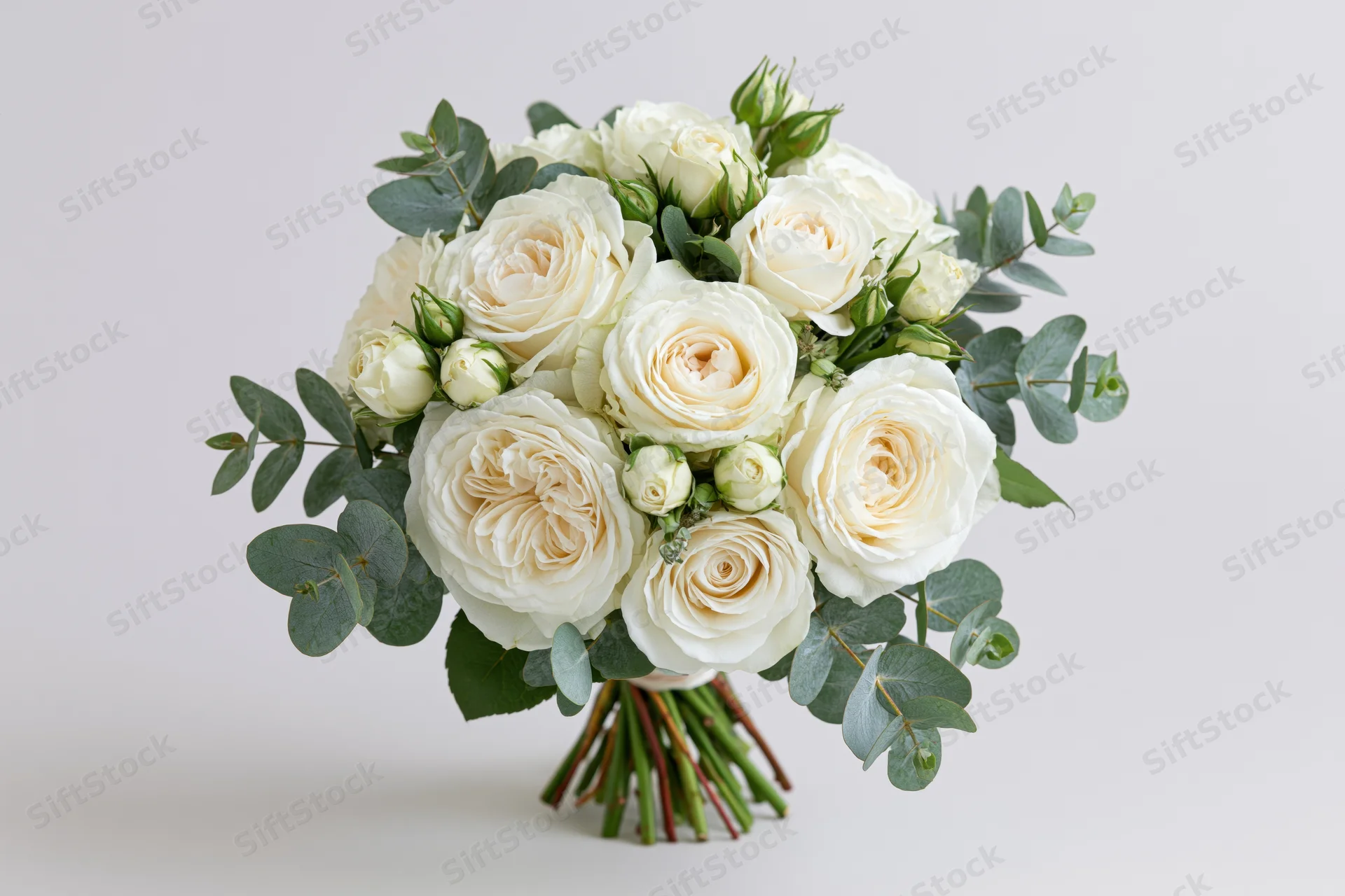 Bridal bouquet of cream and white garden roses with eucalyptus foliage on white background