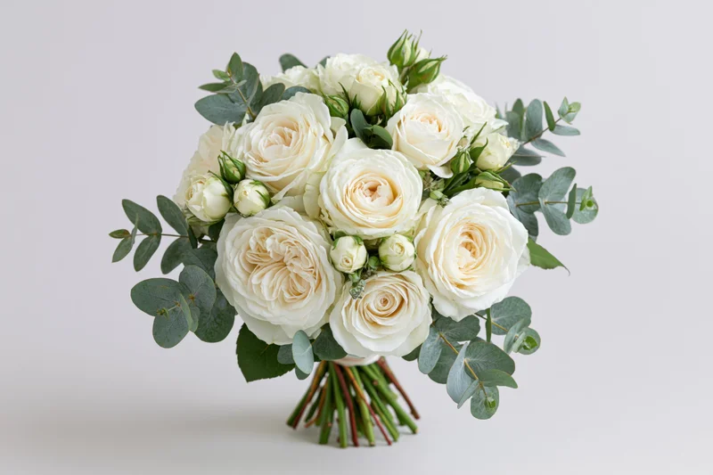 Bridal bouquet of cream and white garden roses with eucalyptus foliage on white background