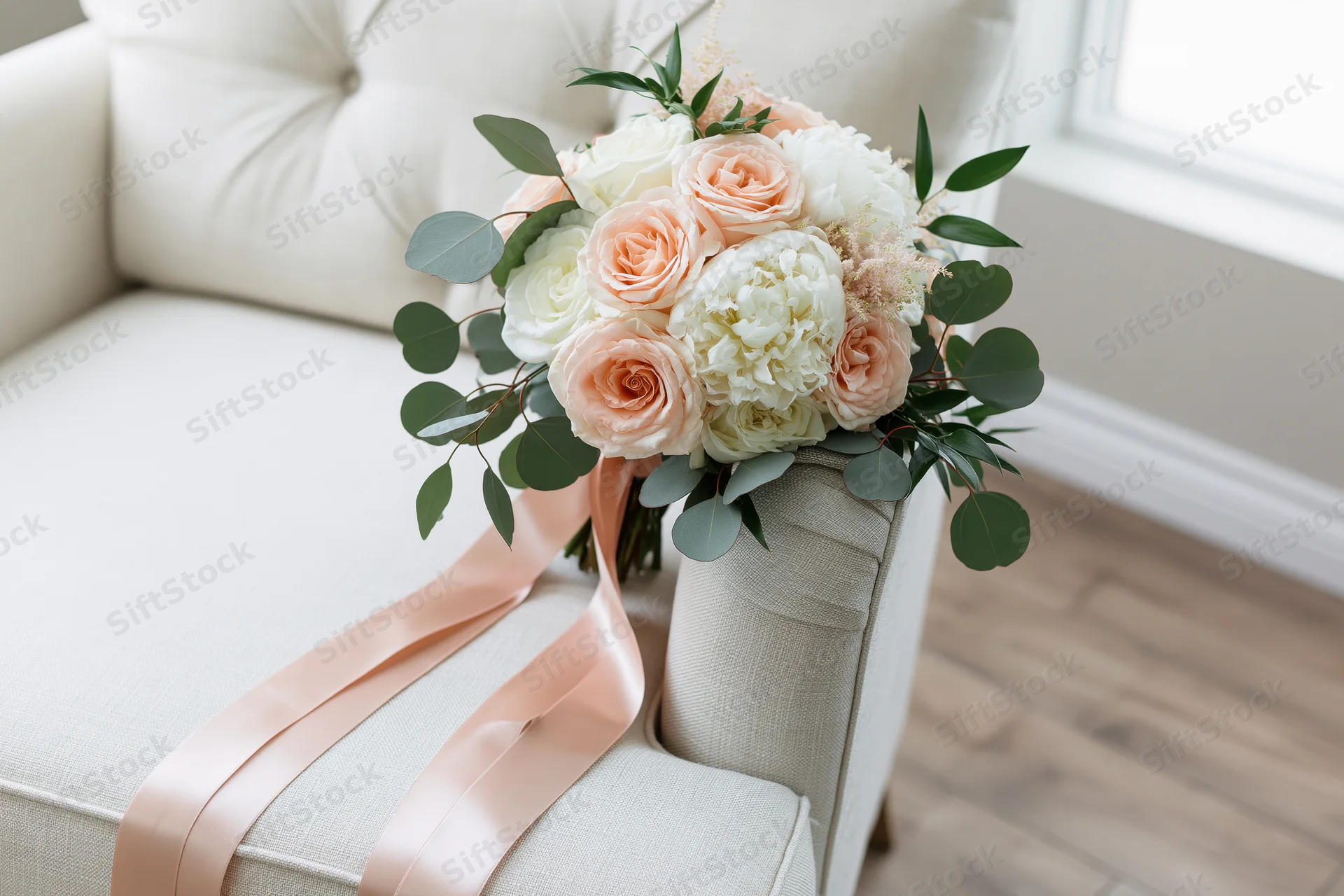 Bridal bouquet of peach roses and white peonies with eucalyptus resting on a beige armchair near a window