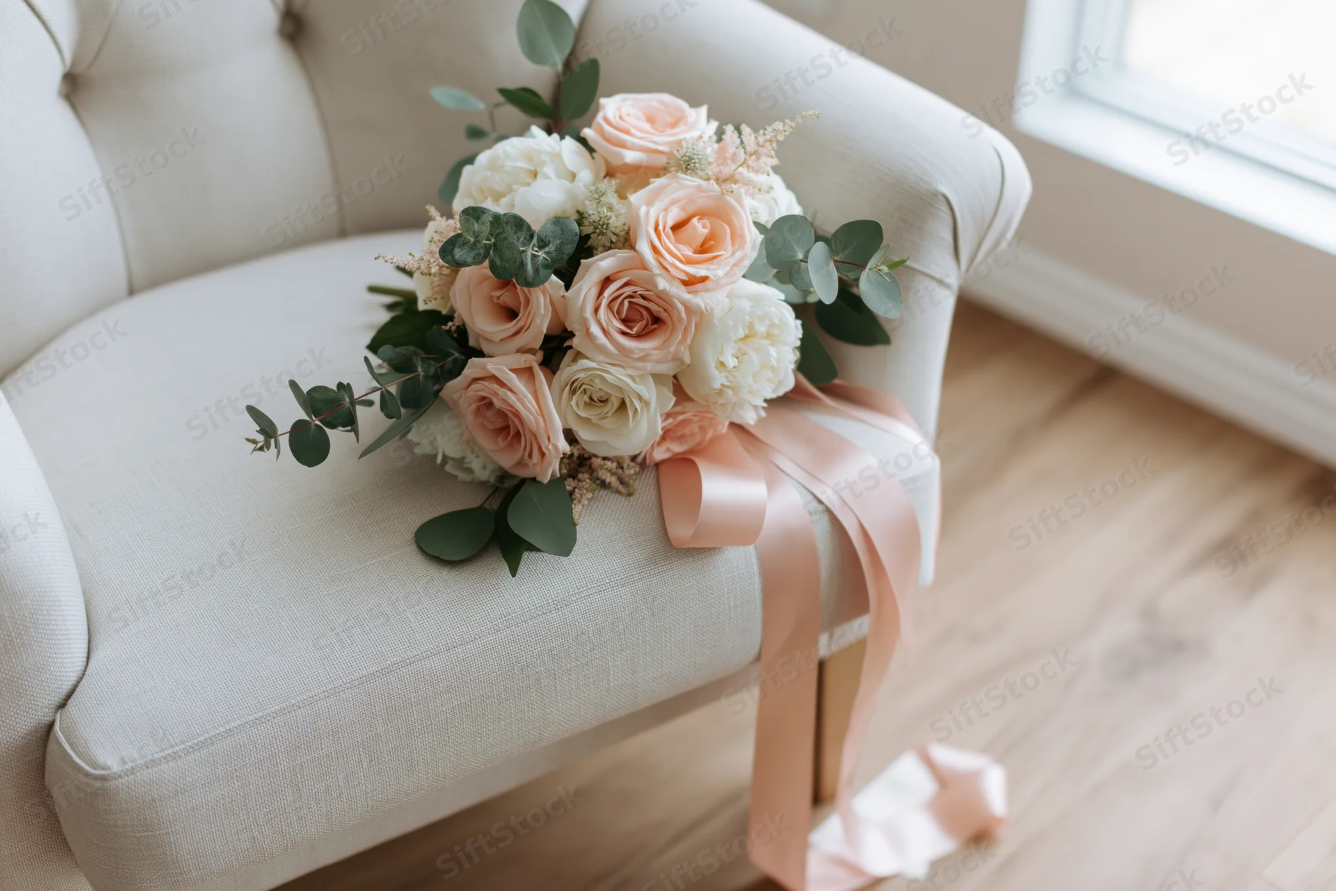 Bridal bouquet of peach roses and white peonies with eucalyptus resting on a cream armchair near a window