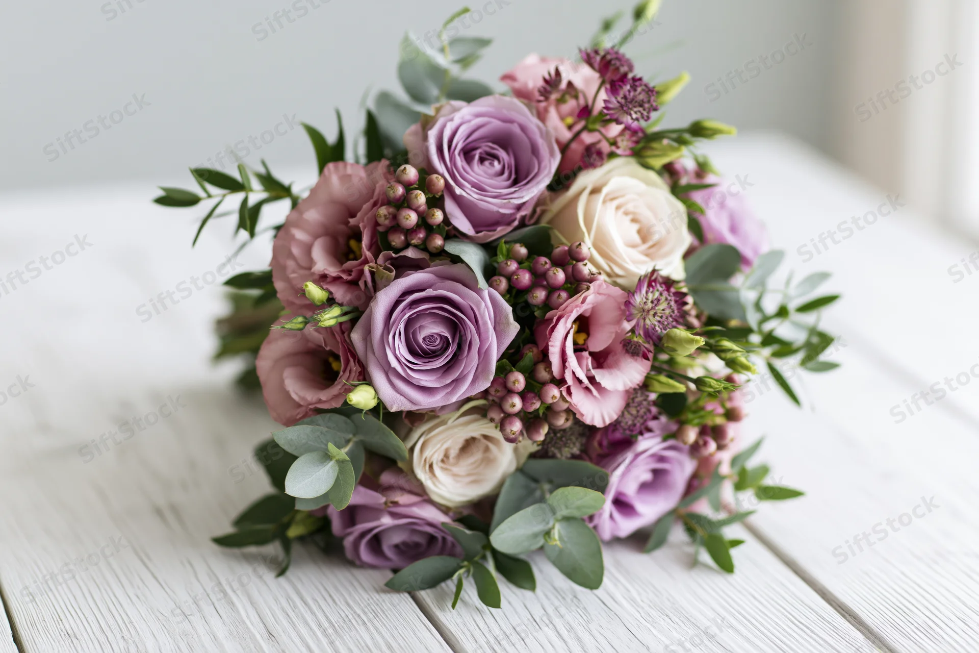 Bridal bouquet with lavender and pink roses and greenery resting on white wooden surface