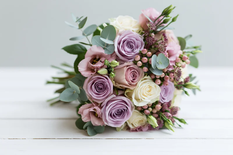 Bridal bouquet with lavender and pink roses and eucalyptus resting on white wooden surface